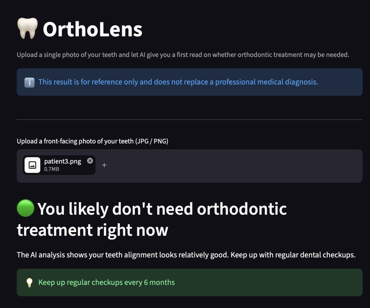 OrthoLens app showing an uploaded photo and a plain-language result